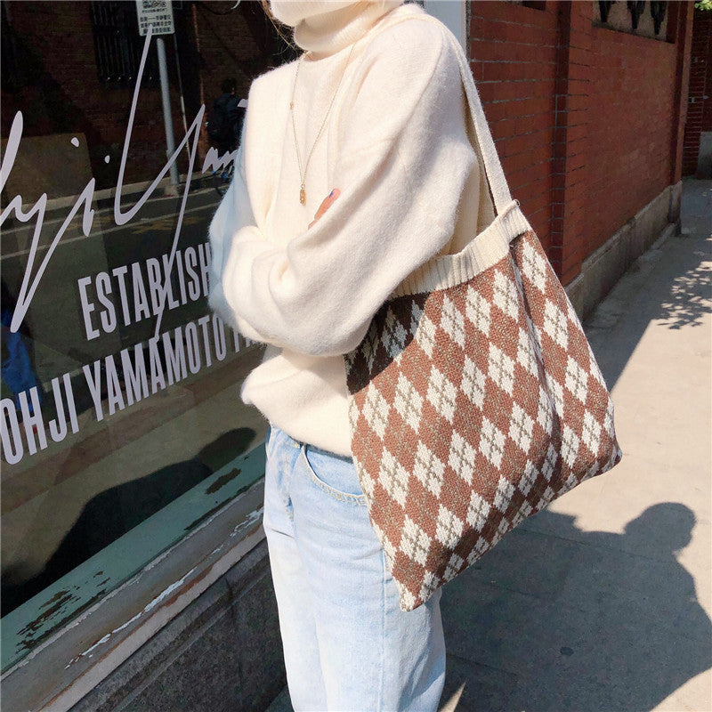 Sac fourre-tout portable en tricot, sac en laine à une épaule pour femme.