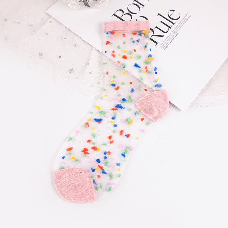 Chaussettes en soie de verre, hauteur mi-mollet, chaussettes en cristal pour femmes à pois