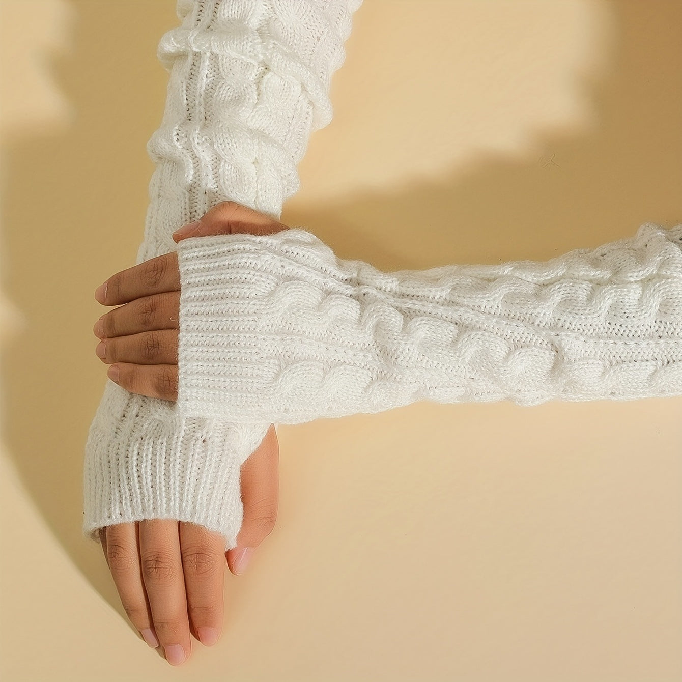 Short finger wool twisted gloves with short cuff and arm sleeve