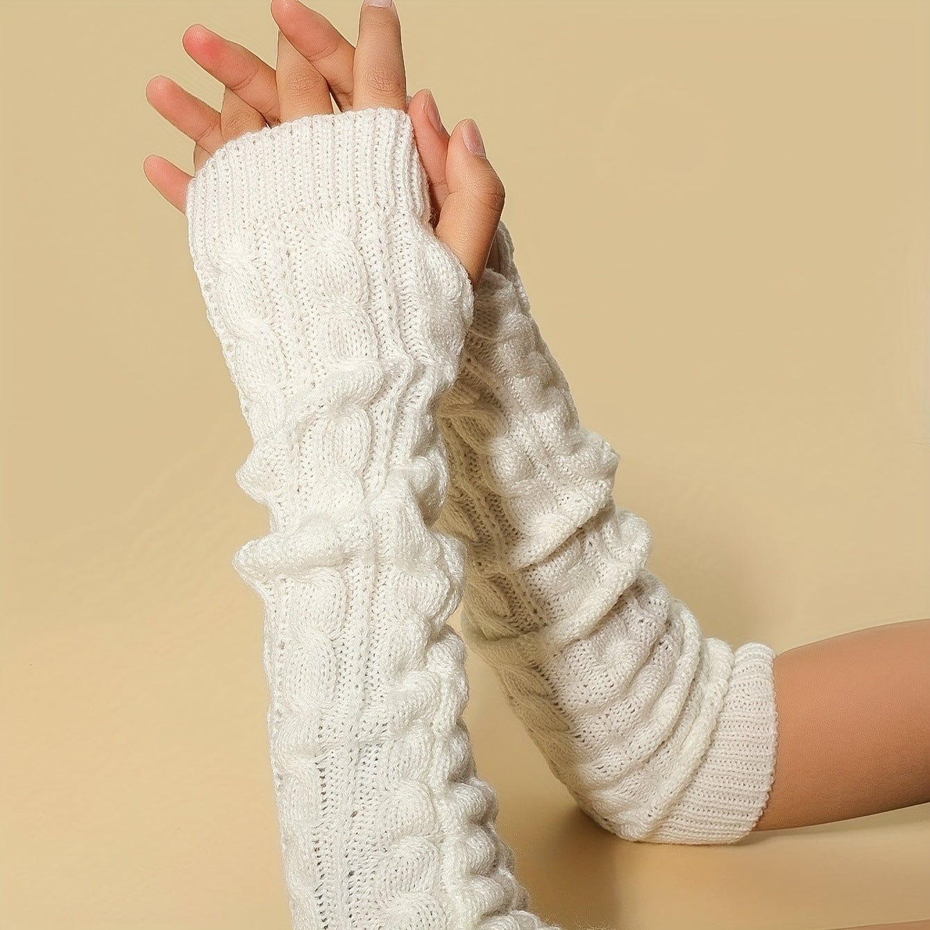 Short finger wool twisted gloves with short cuff and arm sleeve