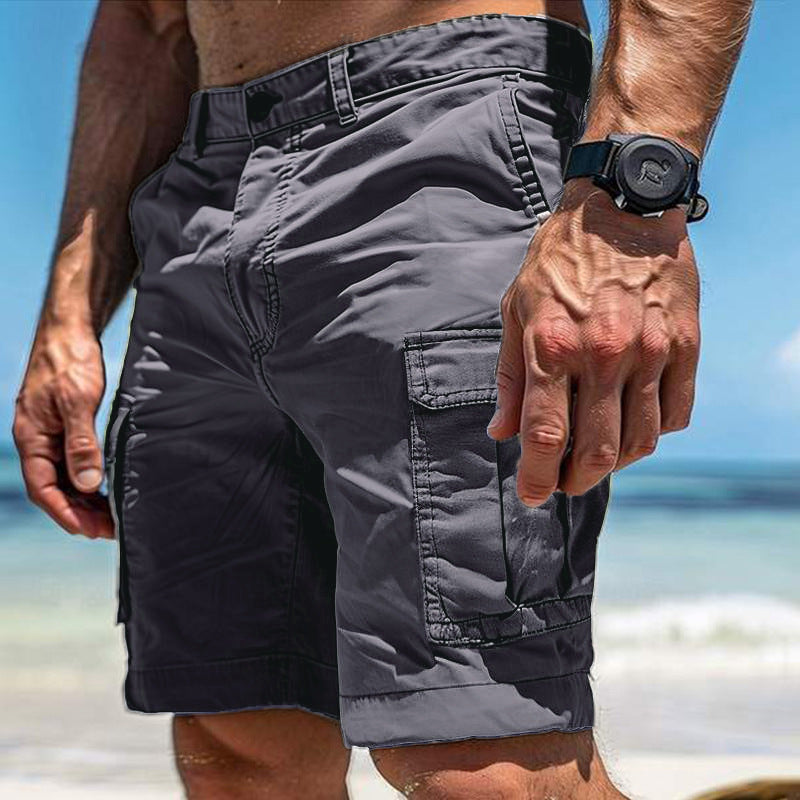 Short cargo homme été multi-poches avec boutons et fermeture éclair, pantalon de plage tendance avec poches