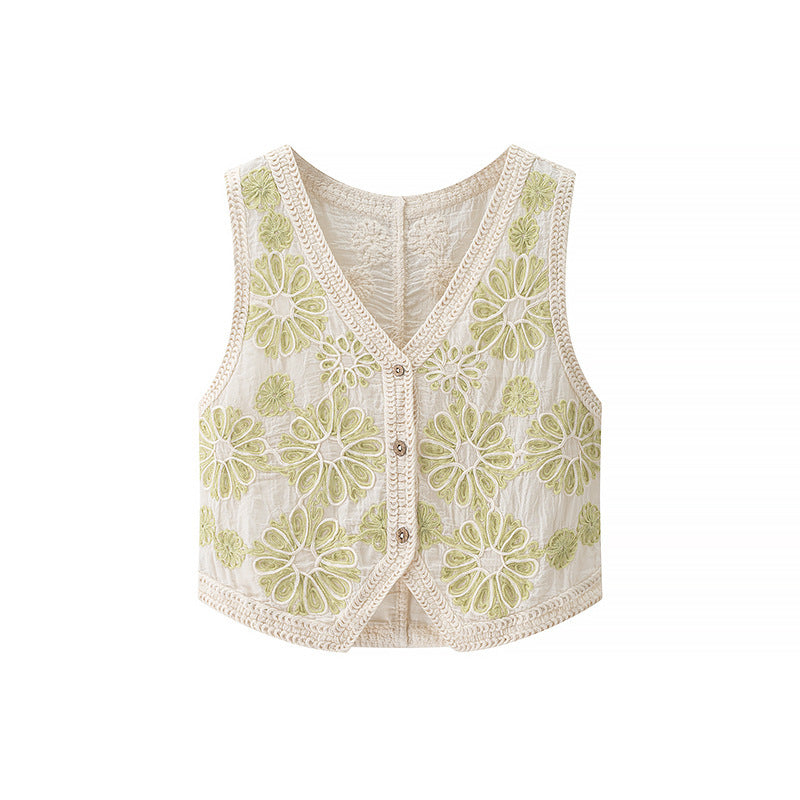 Gilet en crochet au style rétro et jeune pour femme, coupe ample, col en V, parfait pour l'été