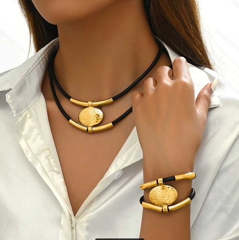 Ensemble collier et bracelet femme, pendentif ovale argenté style rétro