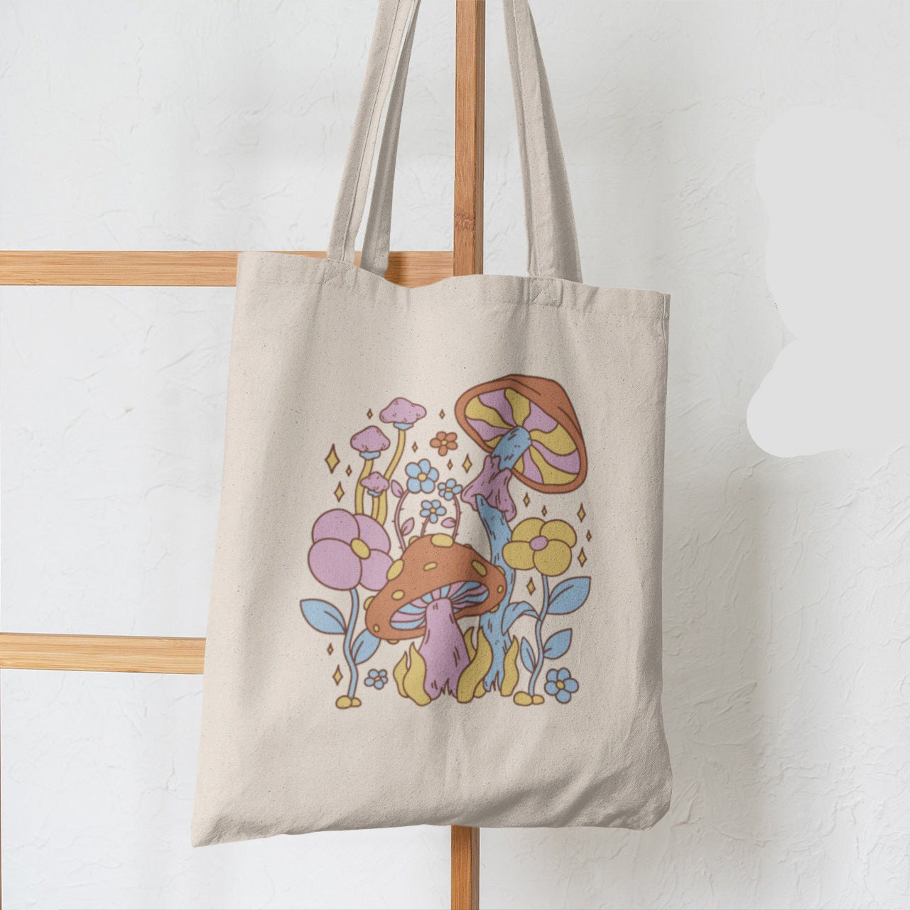 Sac à épaule en toile imprimé papillon et champignon