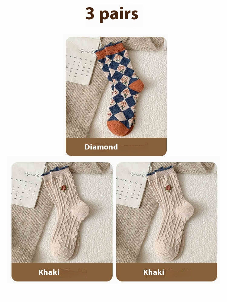 Chaussettes Vintage en Laine avec Petites Fleurs - Doublées en Polaire, Rembourrées et Chaudes, Style Tube