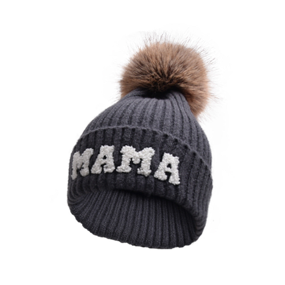 Bonnet en laine MAMA avec pompon en fourrure, chaud pour l’extérieur