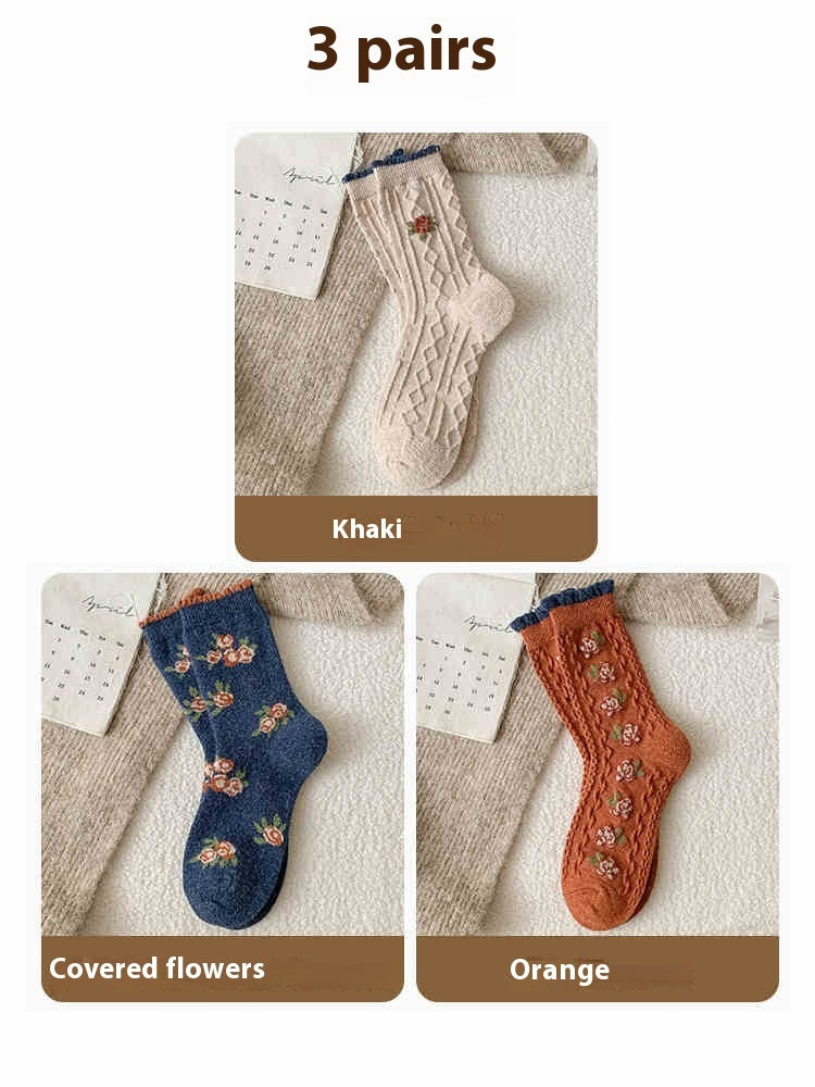 Chaussettes Vintage en Laine avec Petites Fleurs - Doublées en Polaire, Rembourrées et Chaudes, Style Tube