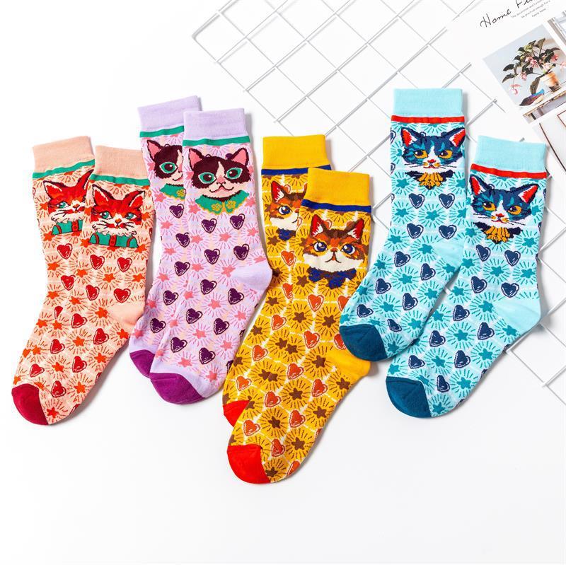 Chaussettes en coton pour femme avec motif chaton et dessin animé