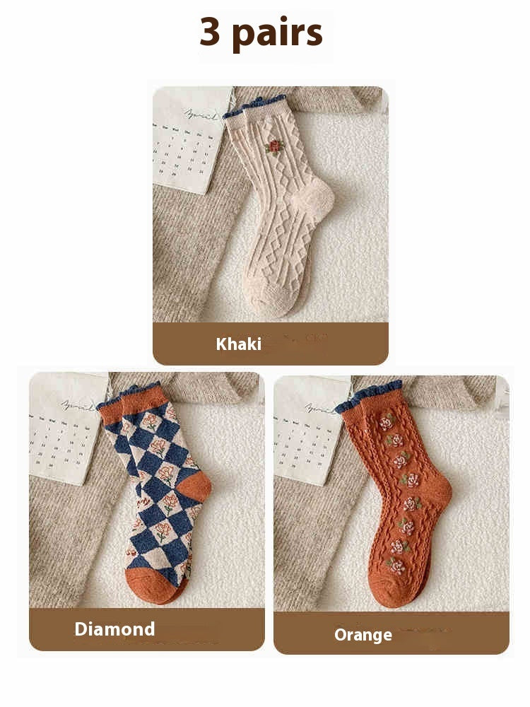 Chaussettes Vintage en Laine avec Petites Fleurs - Doublées en Polaire, Rembourrées et Chaudes, Style Tube