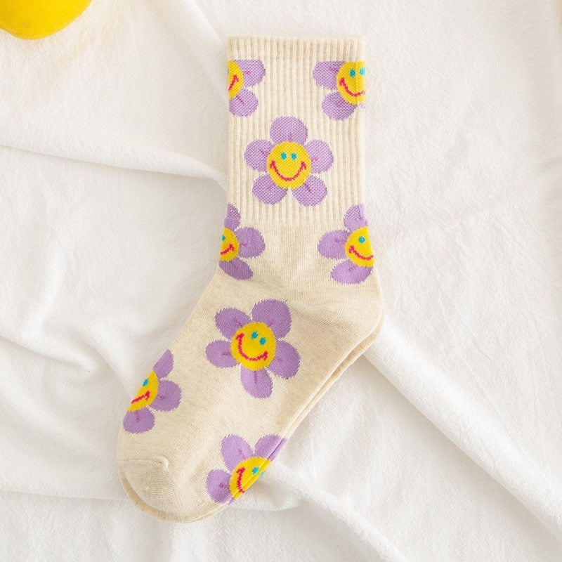 La traduction en français de "Socks Women's Smiling Flower FemalChaussettes Femmes Fleur Souriante Chaussettes Femmes Tournesol Chaussettes Jacquard