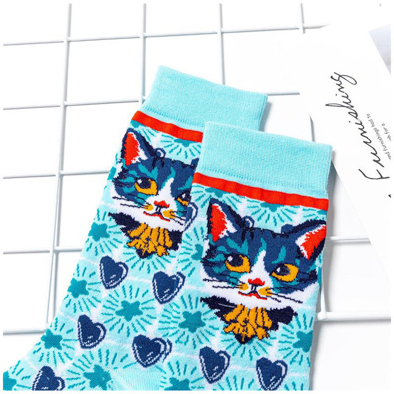 Chaussettes en coton pour femme avec motif chaton et dessin animé