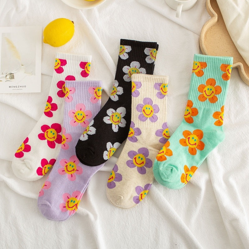 La traduction en français de "Socks Women's Smiling Flower FemalChaussettes Femmes Fleur Souriante Chaussettes Femmes Tournesol Chaussettes Jacquard