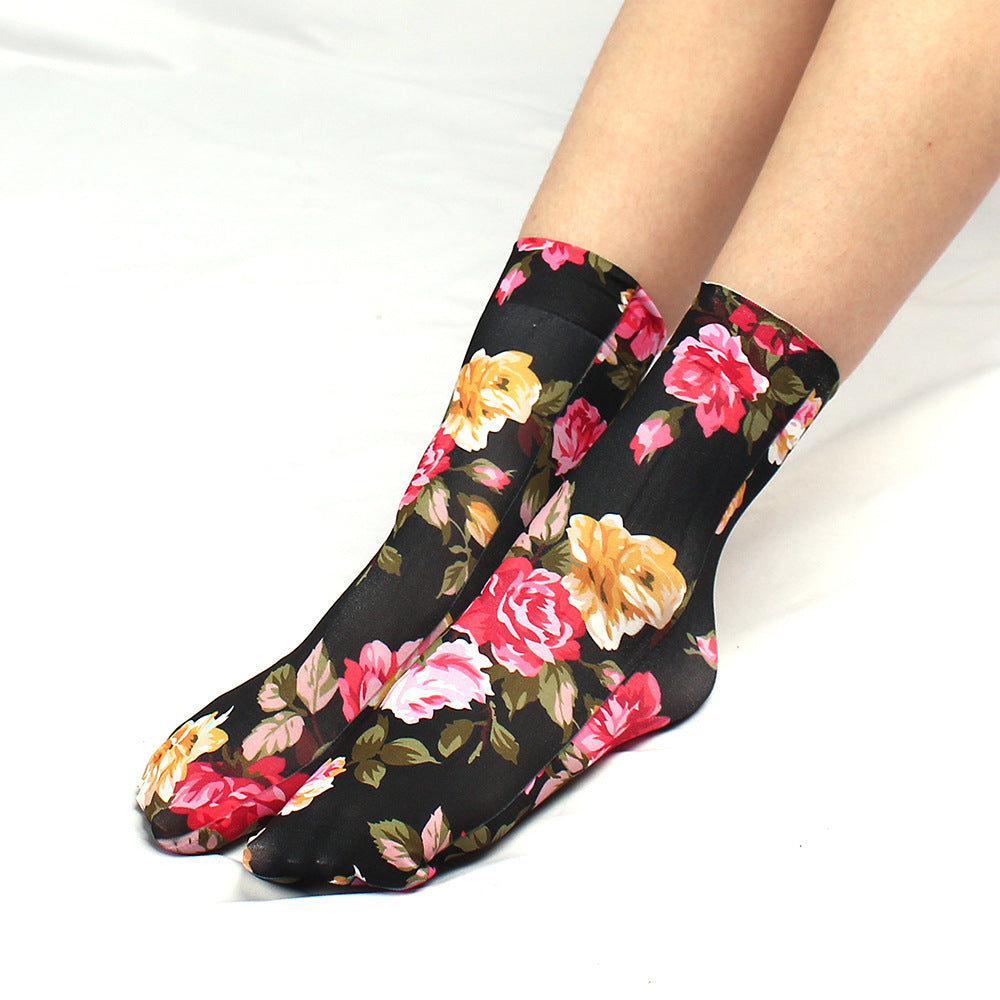 Chaussettes à imprimé léopard et grandes fleurs multicolores, style sexy et girly