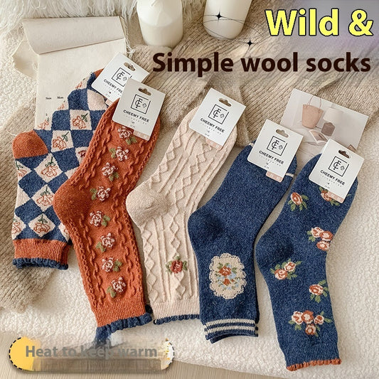 Chaussettes Vintage en Laine avec Petites Fleurs - Doublées en Polaire, Rembourrées et Chaudes, Style Tube