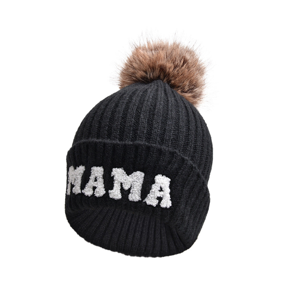 Bonnet en laine MAMA avec pompon en fourrure, chaud pour l’extérieur
