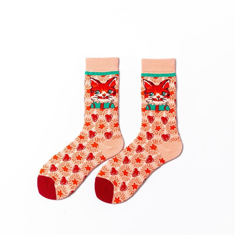 Chaussettes en coton pour femme avec motif chaton et dessin animé