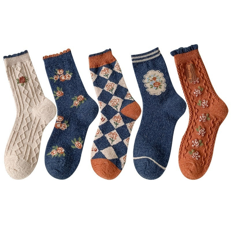 Chaussettes Vintage en Laine avec Petites Fleurs - Doublées en Polaire, Rembourrées et Chaudes, Style Tube