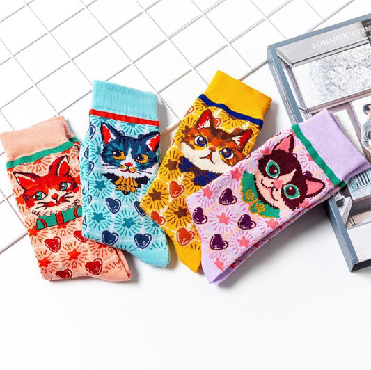 Chaussettes en coton pour femme avec motif chaton et dessin animé