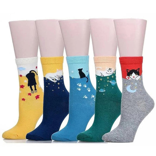 Lot de 5 paires de chaussettes mi-hautes pour femmes, style animaux de dessin animé