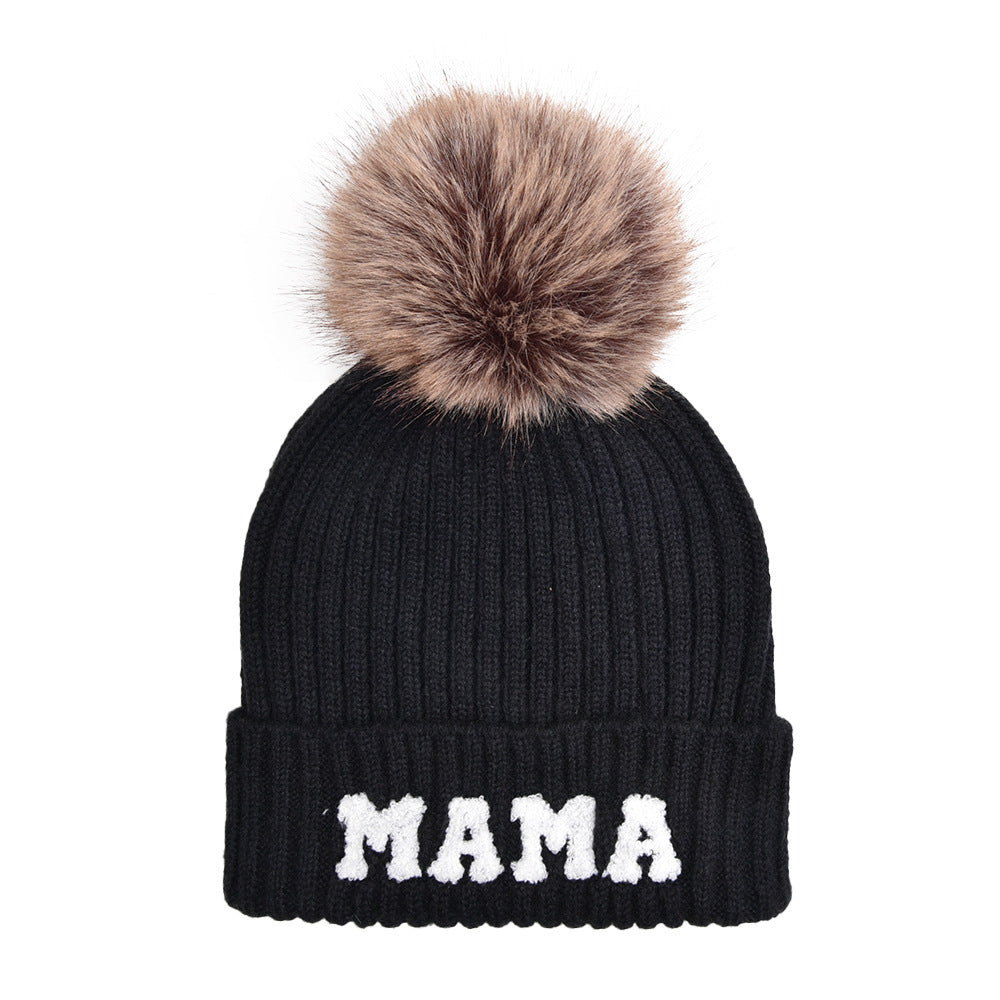 Bonnet en laine MAMA avec pompon en fourrure, chaud pour l’extérieur