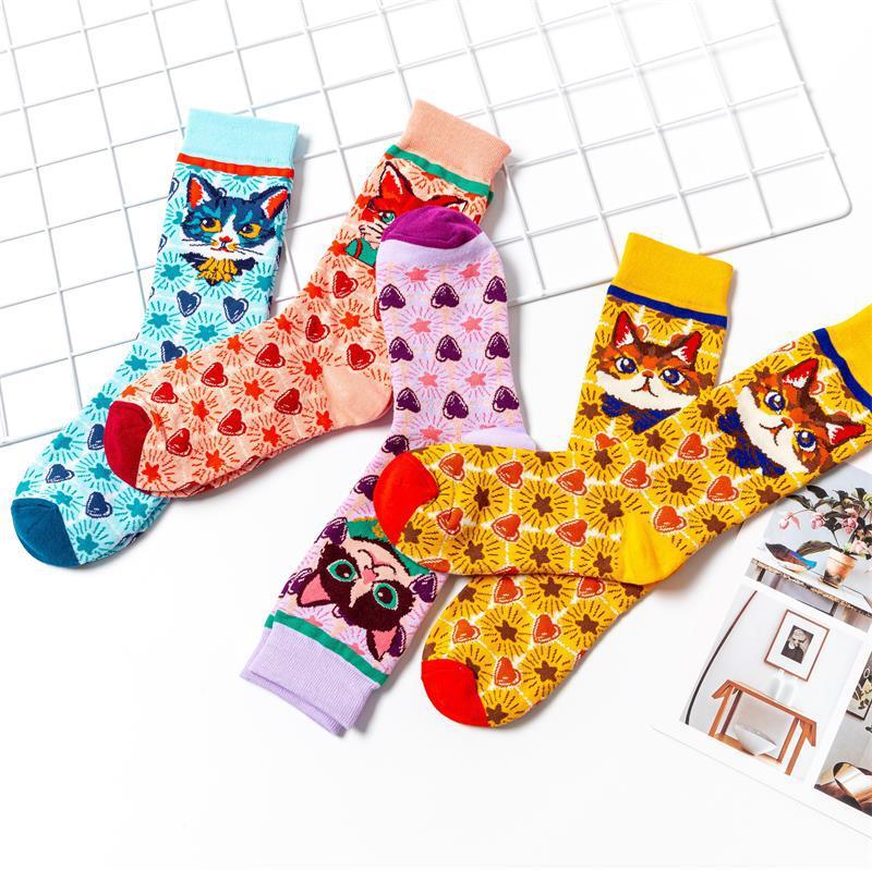 Chaussettes en coton pour femme avec motif chaton et dessin animé