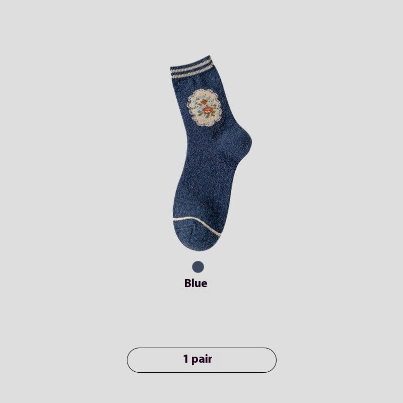 Chaussettes Vintage en Laine avec Petites Fleurs - Doublées en Polaire, Rembourrées et Chaudes, Style Tube