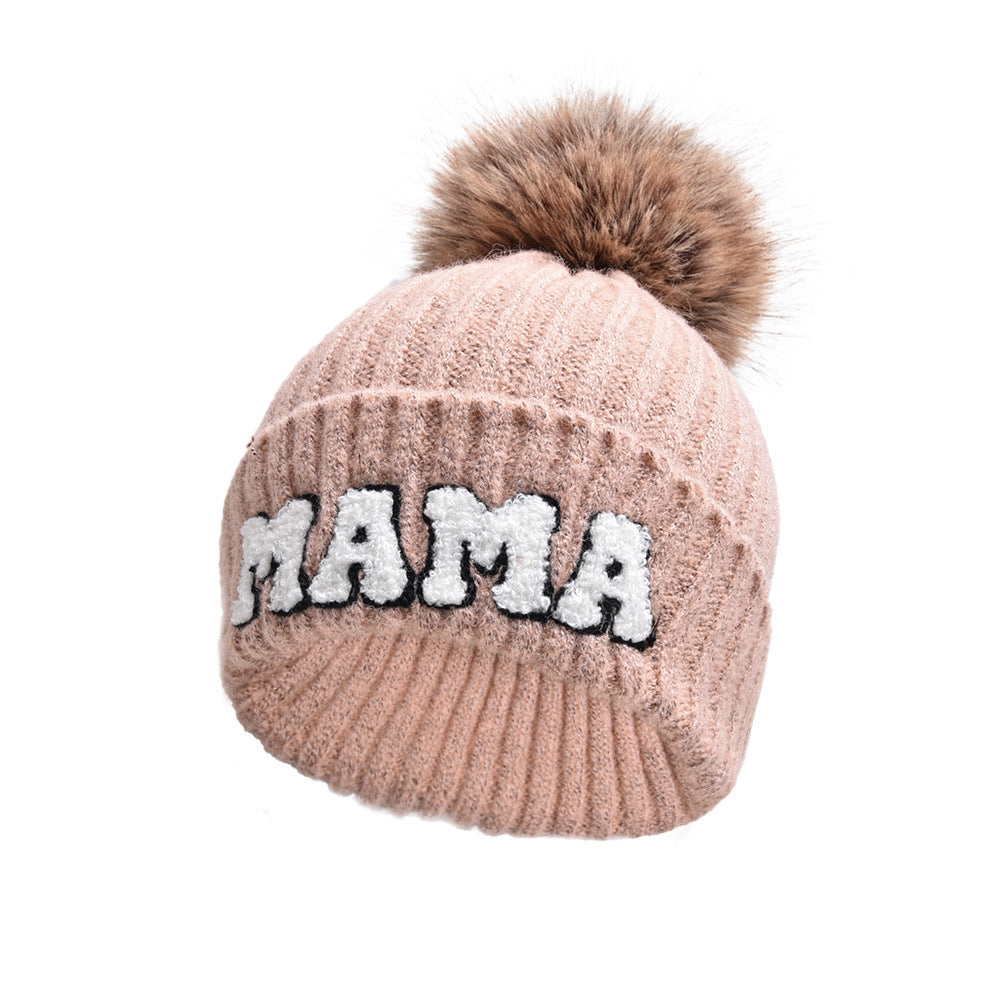 Bonnet en laine MAMA avec pompon en fourrure, chaud pour l’extérieur