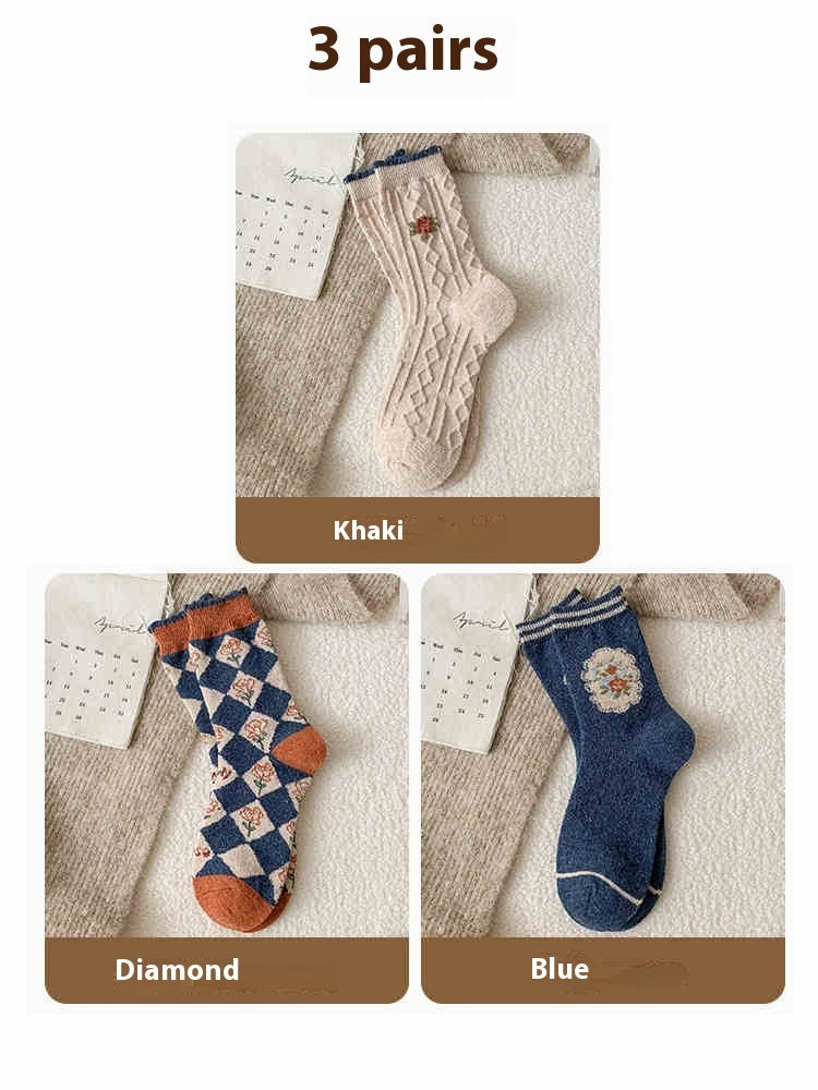 Chaussettes Vintage en Laine avec Petites Fleurs - Doublées en Polaire, Rembourrées et Chaudes, Style Tube