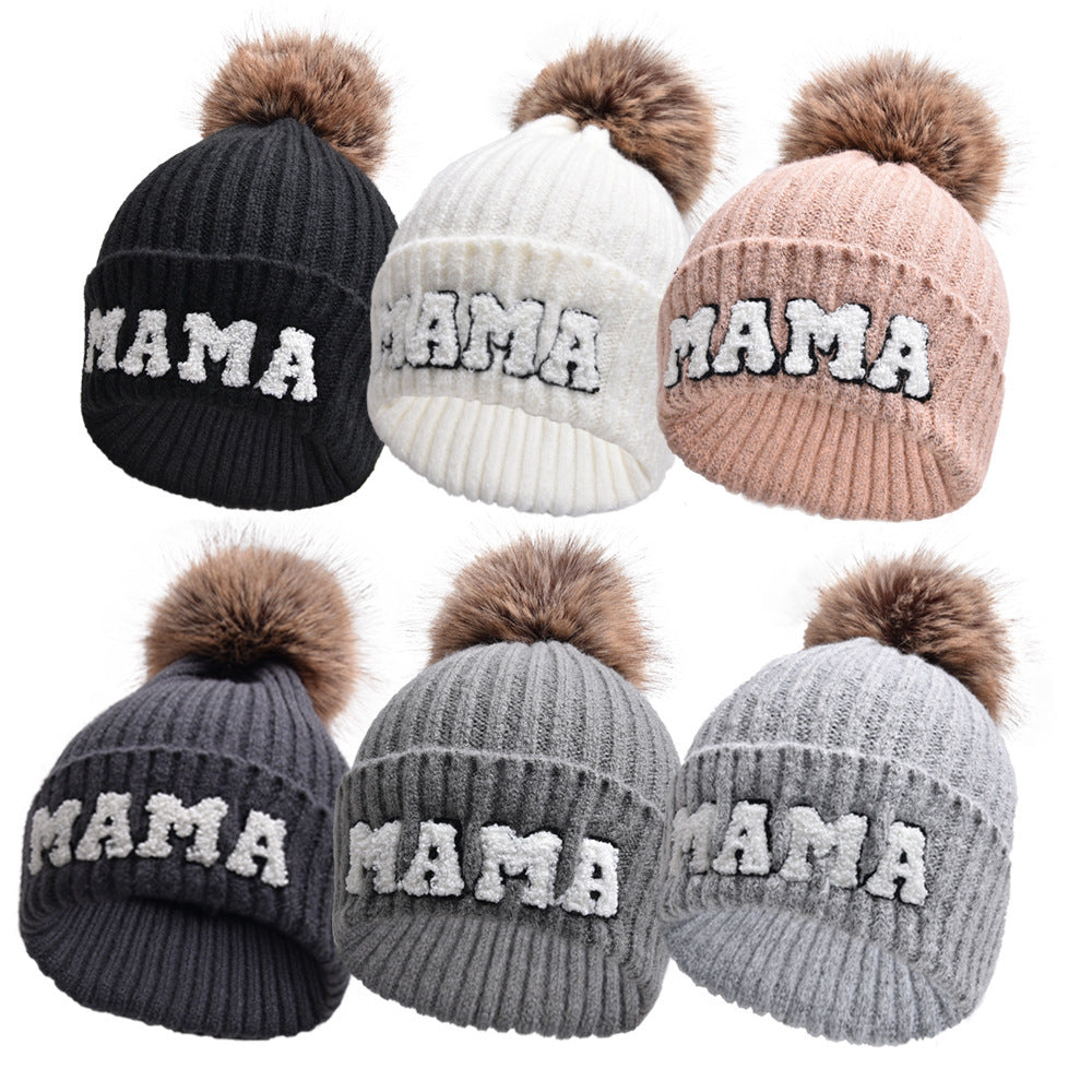 Bonnet en laine MAMA avec pompon en fourrure, chaud pour l’extérieur