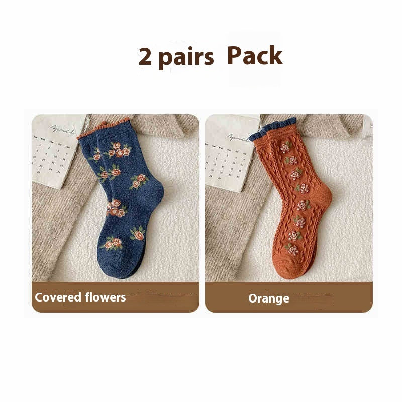 Chaussettes Vintage en Laine avec Petites Fleurs - Doublées en Polaire, Rembourrées et Chaudes, Style Tube