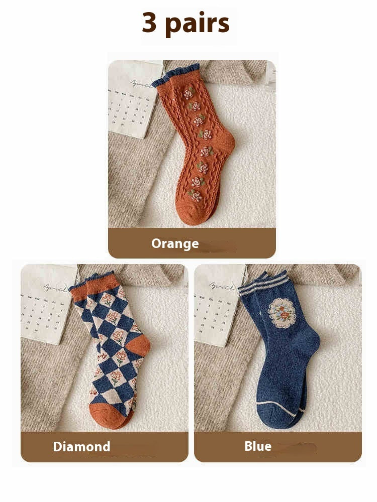 Chaussettes Vintage en Laine avec Petites Fleurs - Doublées en Polaire, Rembourrées et Chaudes, Style Tube