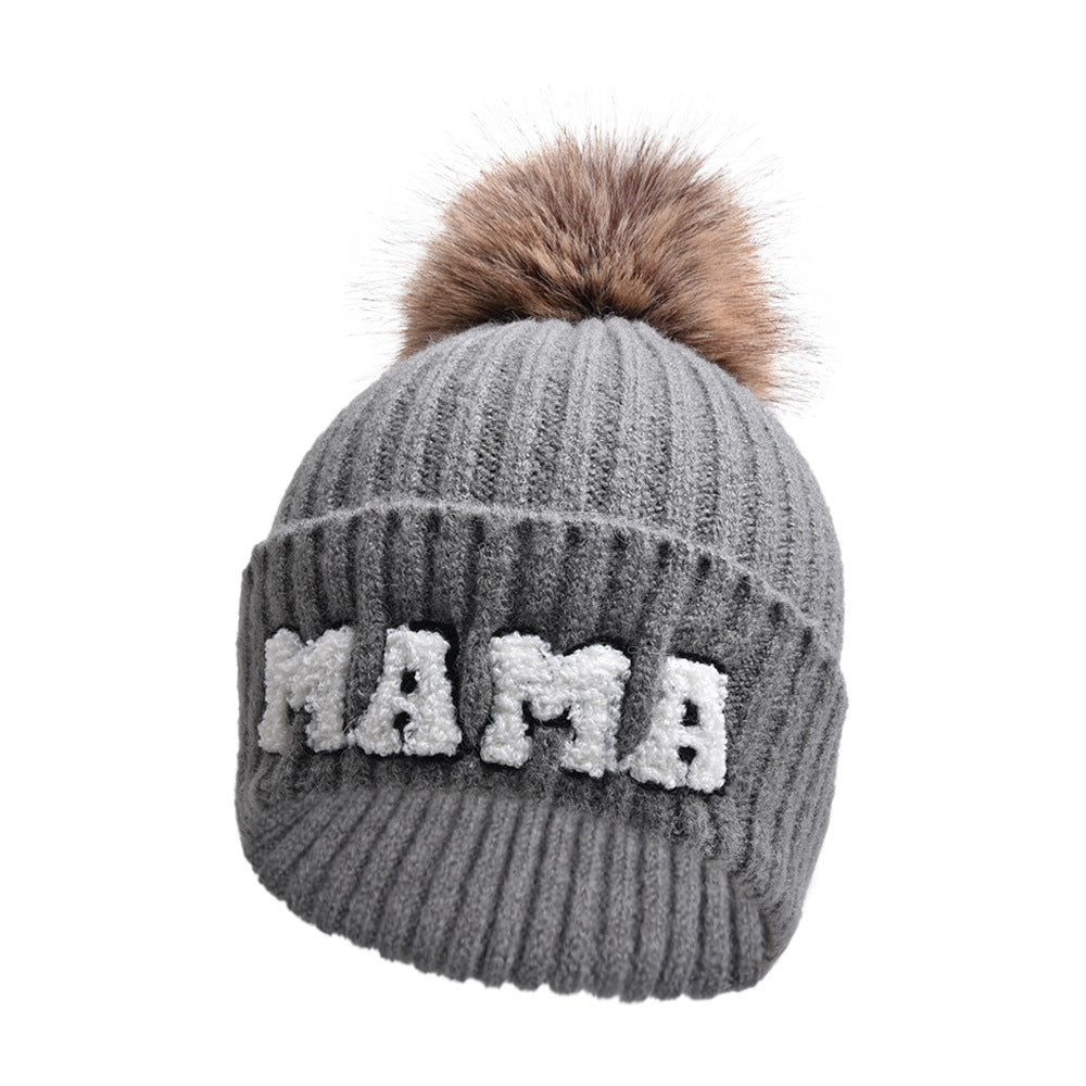 Bonnet en laine MAMA avec pompon en fourrure, chaud pour l’extérieur
