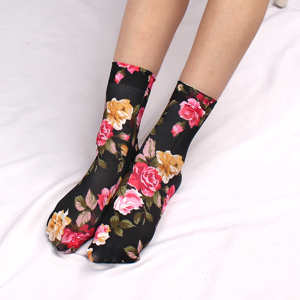 Chaussettes à imprimé léopard et grandes fleurs multicolores, style sexy et girly