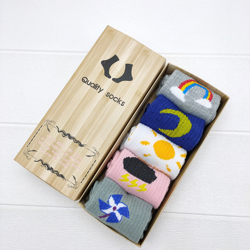 5 Paires de Chaussettes en Coffret Cadeau - Chaussettes Mi-mollet pour Femme en Polyester et Coton